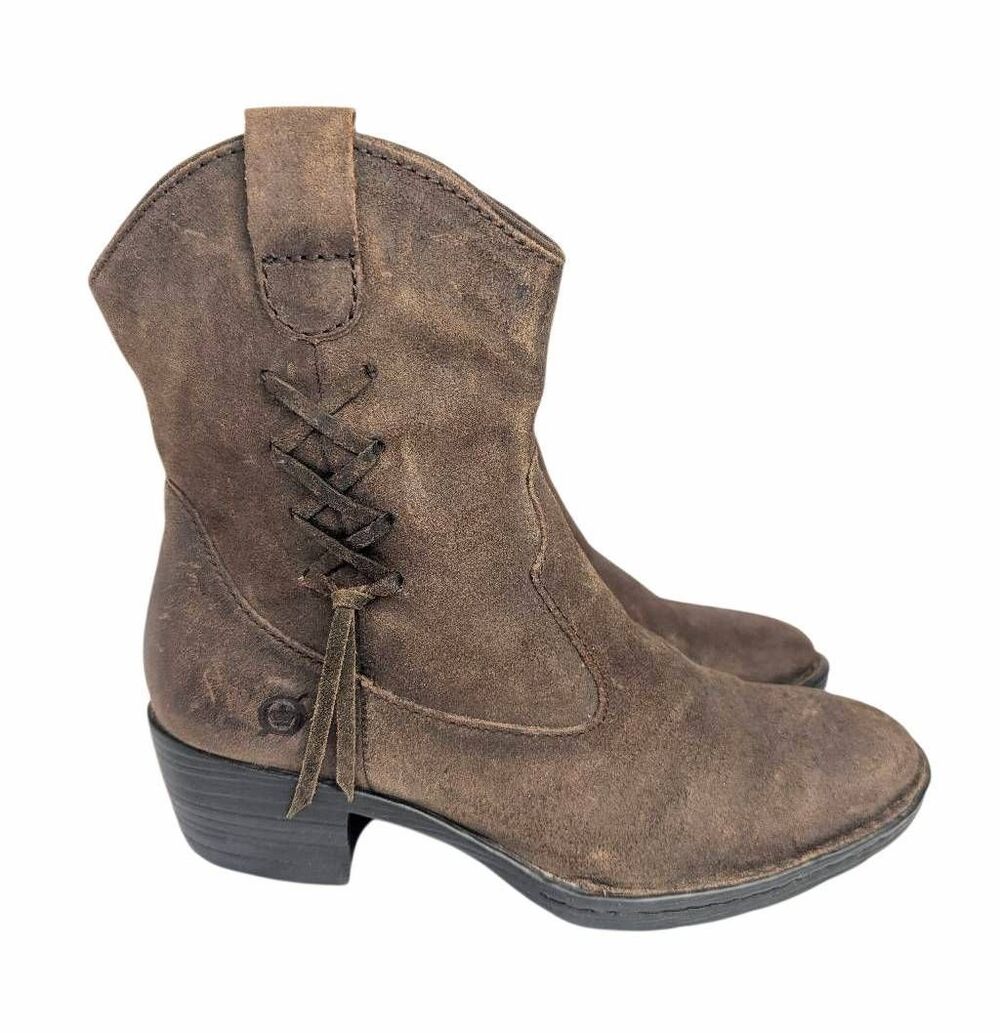 Born Alondra rustic brown leather braided tassel western boots 37 EU 6.5 US